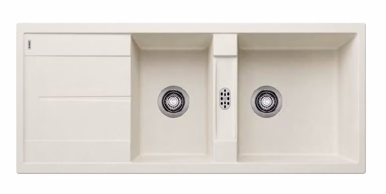 Lavello Blanco Metra 8, in Silgranit, dimensioni 1160x500 mm, colore bianco opaco, codice prodotto 527120