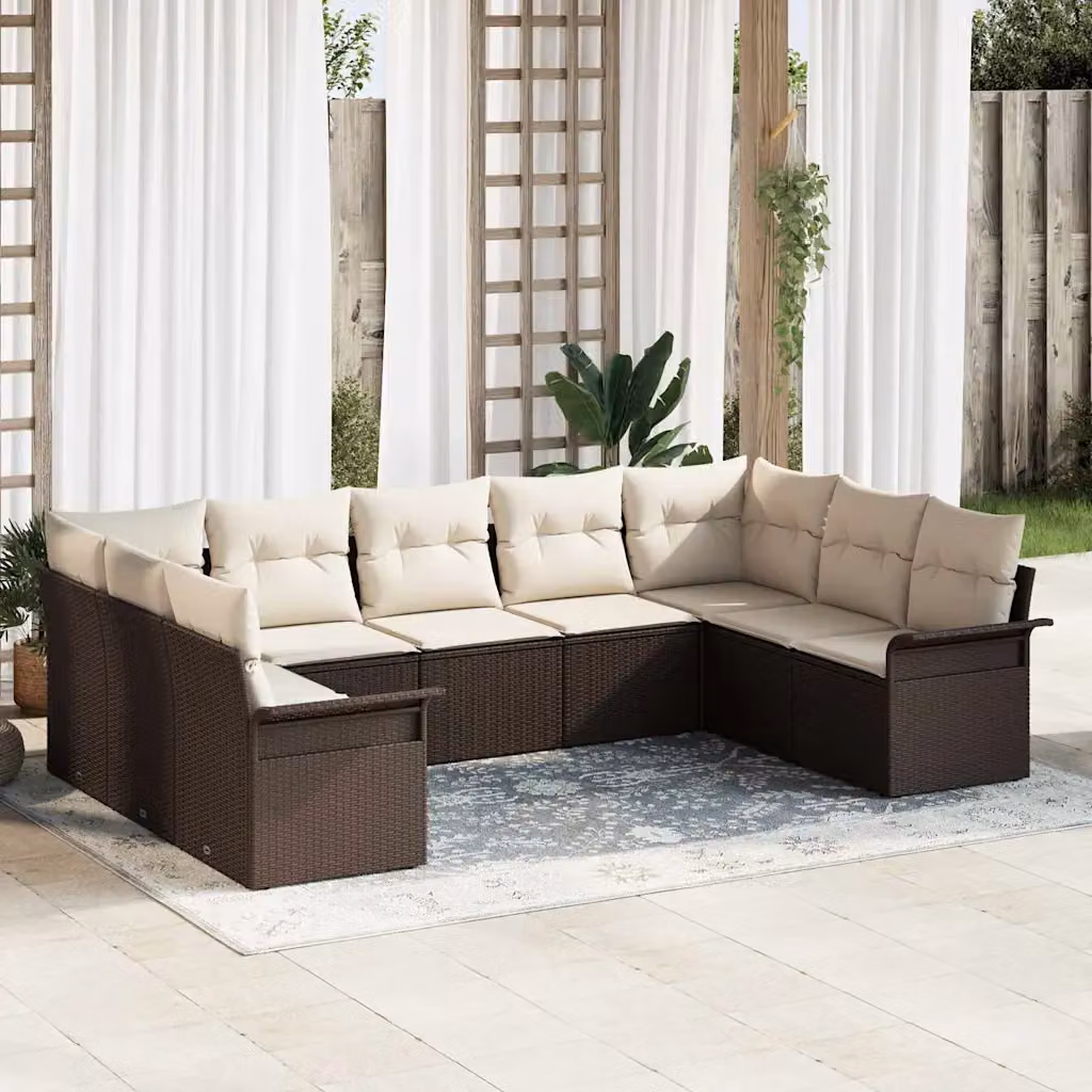 Set Divano da Giardino vidaXL 9 Pezzi Marrone in Polyrattan con Cuscini e Struttura in Acciaio Verniciato a Polvere – 1