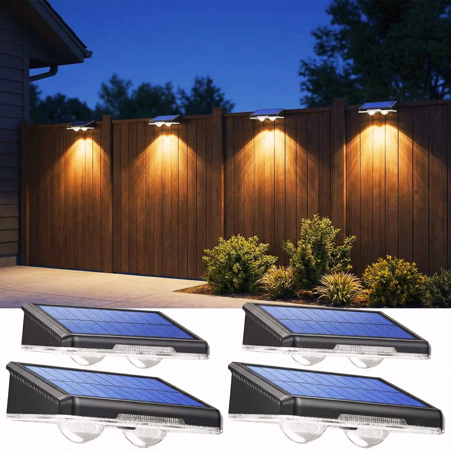 Set di 4 luci da parete solari, LED, grado di protezione IP65, temperatura di colore 3000K/4000K/6500K, per uso esterno