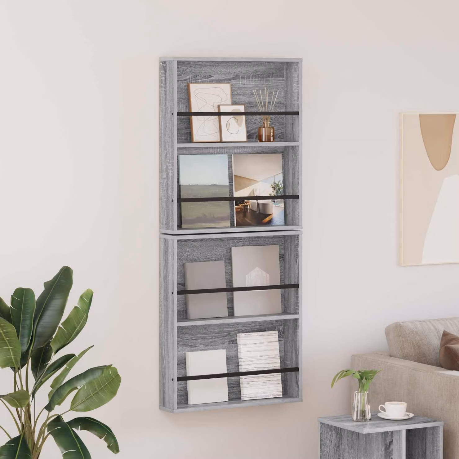 Set di 2 Scaffali per riviste vidaXL moderni in MDF grigio L: 60 cm, P: 12 cm, H: 70 cm
