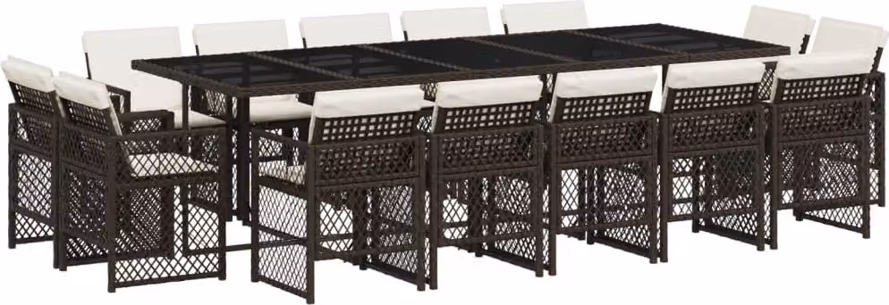 Set da Pranzo da Giardino 15 pz con Cuscini Marrone Polyrattan