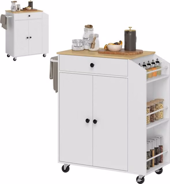 Carrello da cucina HOMCOM con cassetto, armadietto e portasciugamani, Bianco/Quercia, L 82 cm x P 38 cm x H 86,5 cm – 1