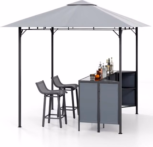 Set da bar da patio 3 pezzi con ripiano di stoccaggio e 2 sgabelli, Grigio