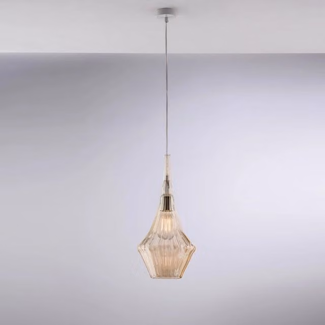 Lampadario a sospensione moderno Zeus di Bonetti Illumina in metallo bianco e vetro ambra con attacco E27