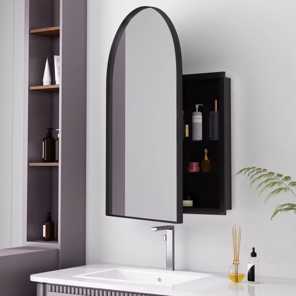 Armadietto a specchio ad arco OKWISH in metallo nero con ante in vetro, ripiani interni e illuminazione LED, ideale per bagno, camera da letto o soggiorno, installazione a parete o incasso – 2