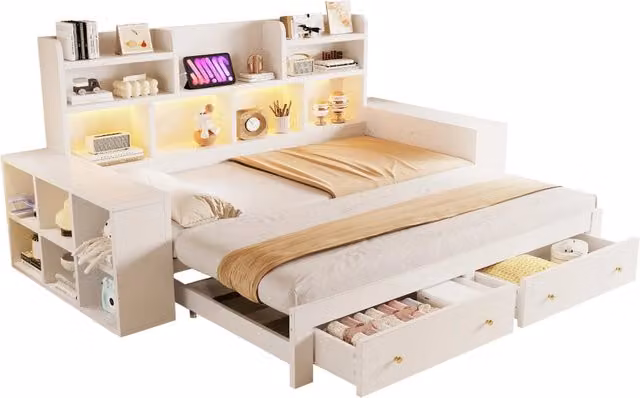 Letto divano estraibile 90×200 e 180×200 cm con cassetti, prese e LED, senza materasso, in MDF bianco