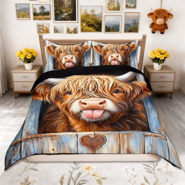 Set di lenzuola per piumino con motivo "Highland Cow" - dimensione king size, include 2 federe