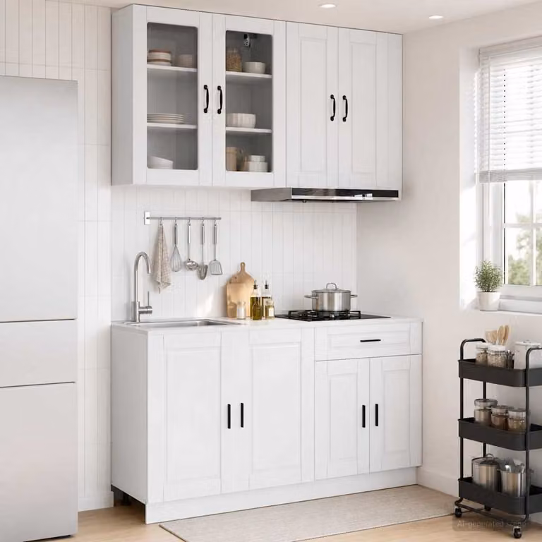 Unità cucina a parete vidaXL PORTO in 4 pezzi bianco lucido con ante in vetro e MDF