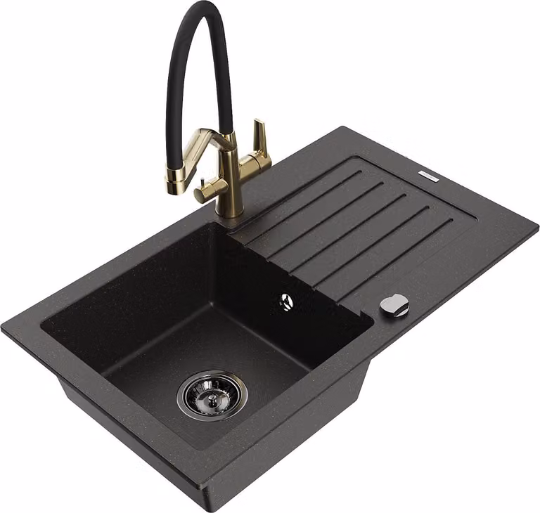 Mexen Pablo lavello in granito 1 vasca con scolapiatti e rubinetto da cucina Duo, nero/oro metallizzato - 6510-75-671701-57-B