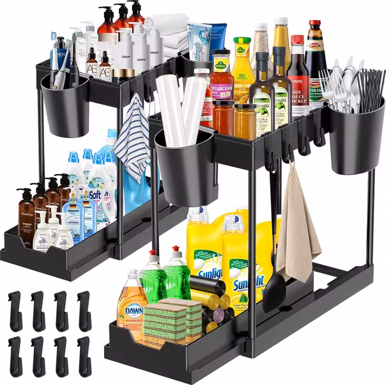 Spazio di archiviazione sotto il lavello, cucina, 2 livelli, 2 pezzi, scaffale con 8 ganci e 4 lavabi sospesi, organizzatore per cassetti