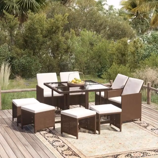 Set Divani da Giardino 9 pz con Cuscini in Polyrattan Marrone 3095514