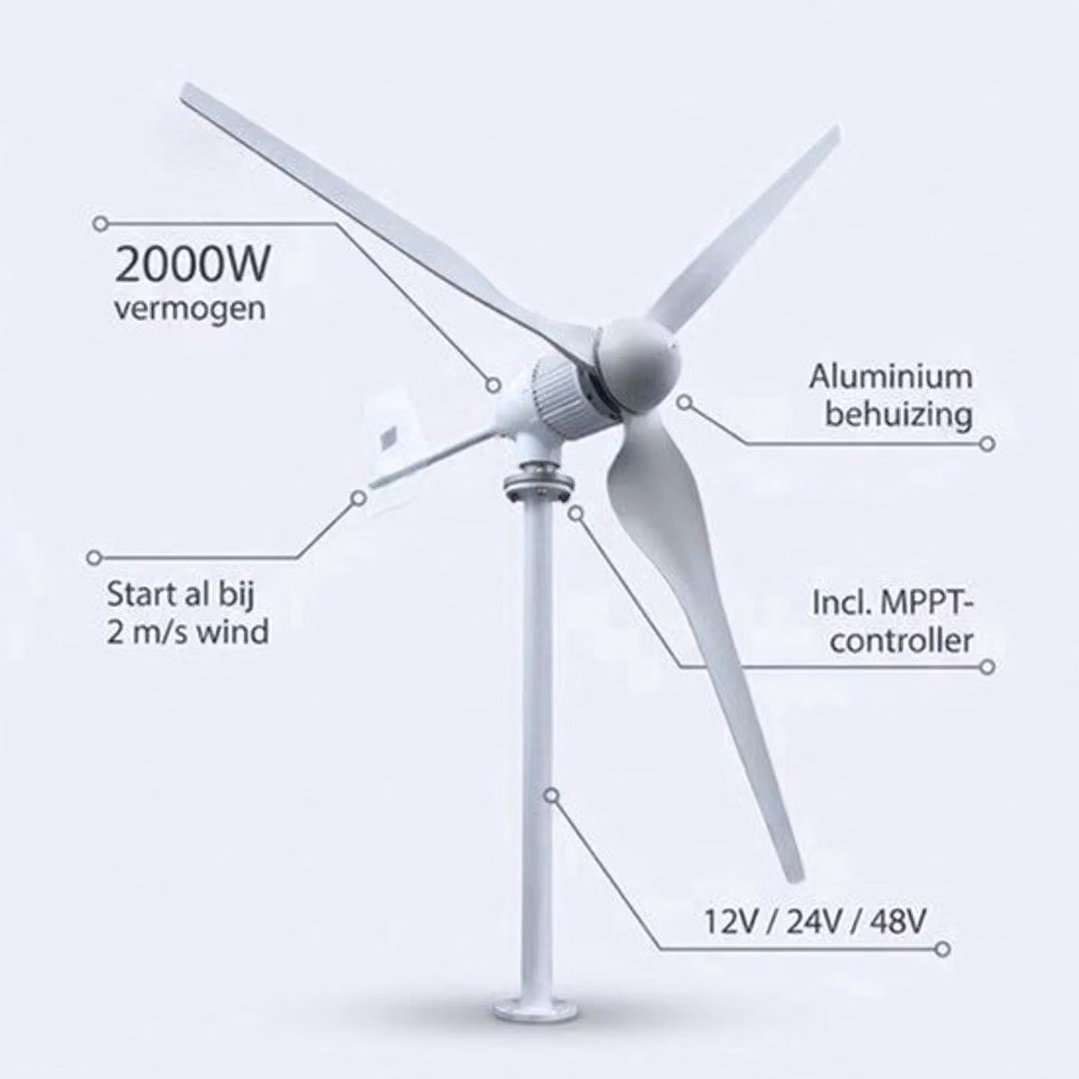 Turbina eolica sostenibile - 2000W - Generatore eolico da 48V per sistemi off-grid - Con controller MPPT