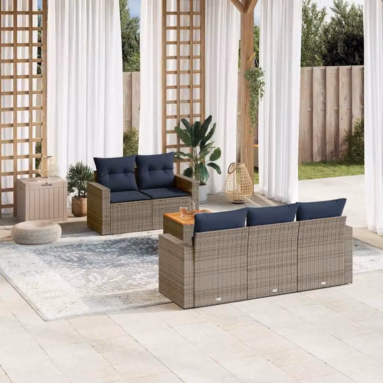 Set di divani da giardino vidaXL a forma di L composto da 6 pezzi in polyrattan grigio con cuscini imbottiti e tavolino da esterno