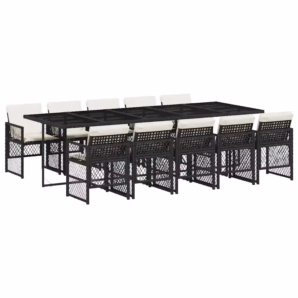 vidaXL Set da Pranzo da Giardino 11 pz in Polyrattan con Cuscini e Tavolo in Vetro Nero e Bianco – 2