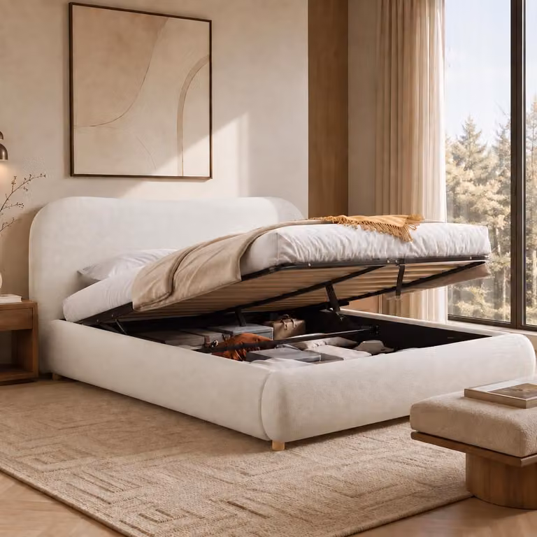 Letto matrimoniale MODFU, 180 x 200 cm, con spazio contenitore, struttura imbottita idraulica in tessuto bouclé e legno massello, con testiera imbottita e rete a listelli, senza materasso, colore bianco