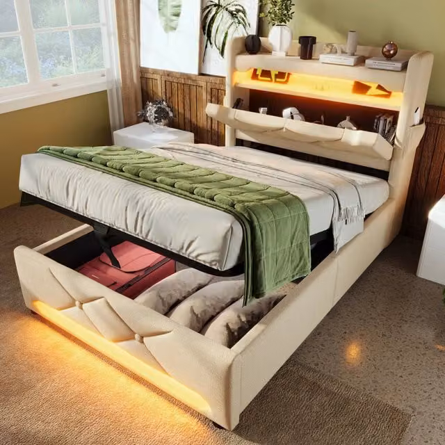 Letto singolo 90 × 200 cm con contenitore idraulico, LED, USB e Type-C, in lino beige, senza materasso