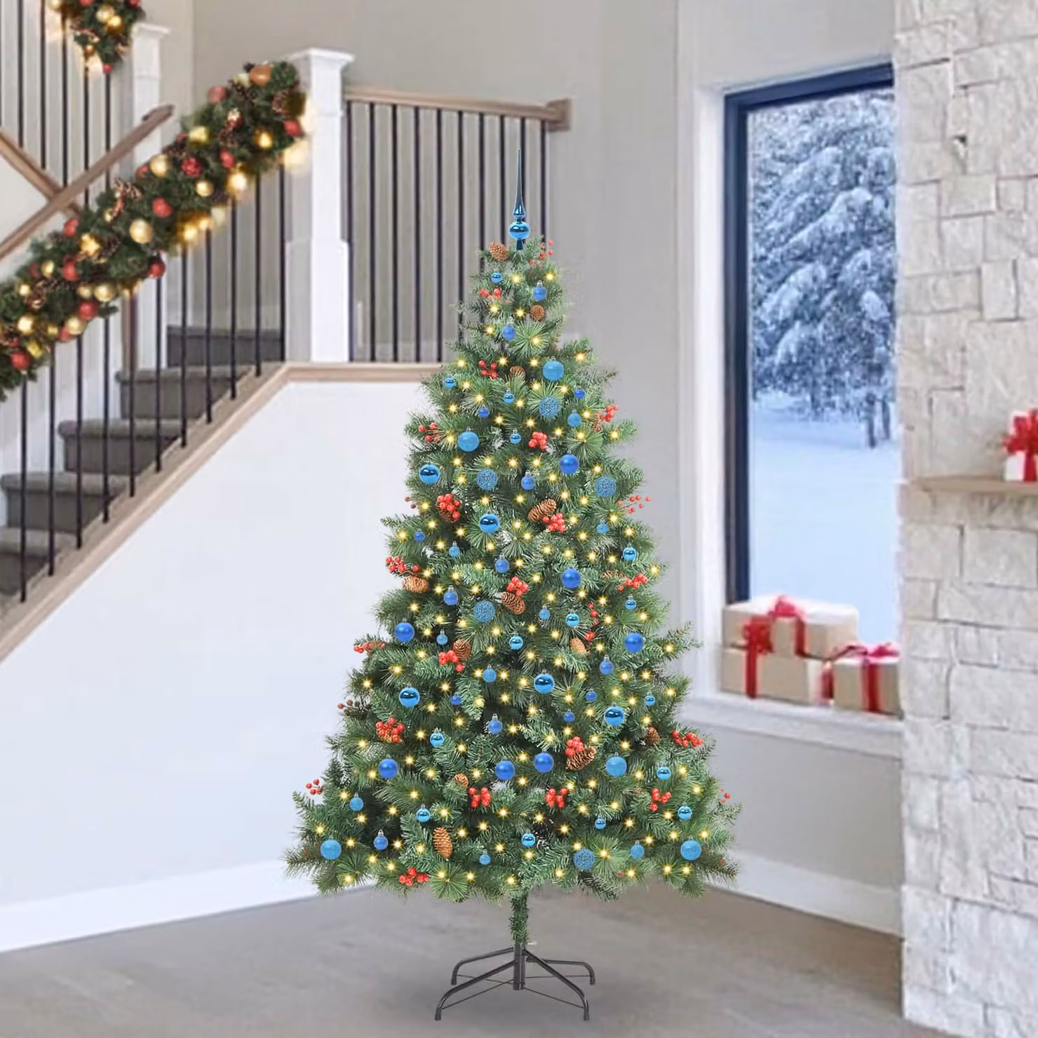 Albero di Natale artificiale moderno vidaXL verde con 300 LED bianco caldo in PVC e metallo