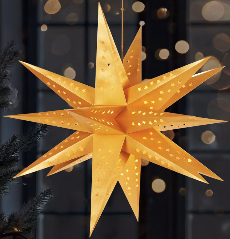 BRUBAKER Stella di Natale 3D - stella illuminata da 60 cm - funzionamento a batteria con timer - stella a LED per la decorazione di finestre - stella di carta natalizia, oro