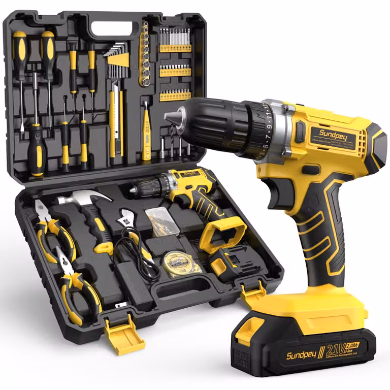 Valigetta con trapano avvitatore a batteria da 21V - Set completo da 170 pezzi - Batteria agli ioni di litio - Colore giallo - Adatto per uso domestico e lavori di bricolage