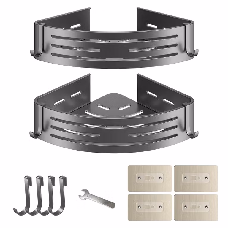 Organizzatore angolare autoadesivo per doccia, 2 pezzi, 30,5 cm, mensole da bagno in alluminio senza foratura, organizer da parete per doccia con 4 ganci, colore grigio grafite