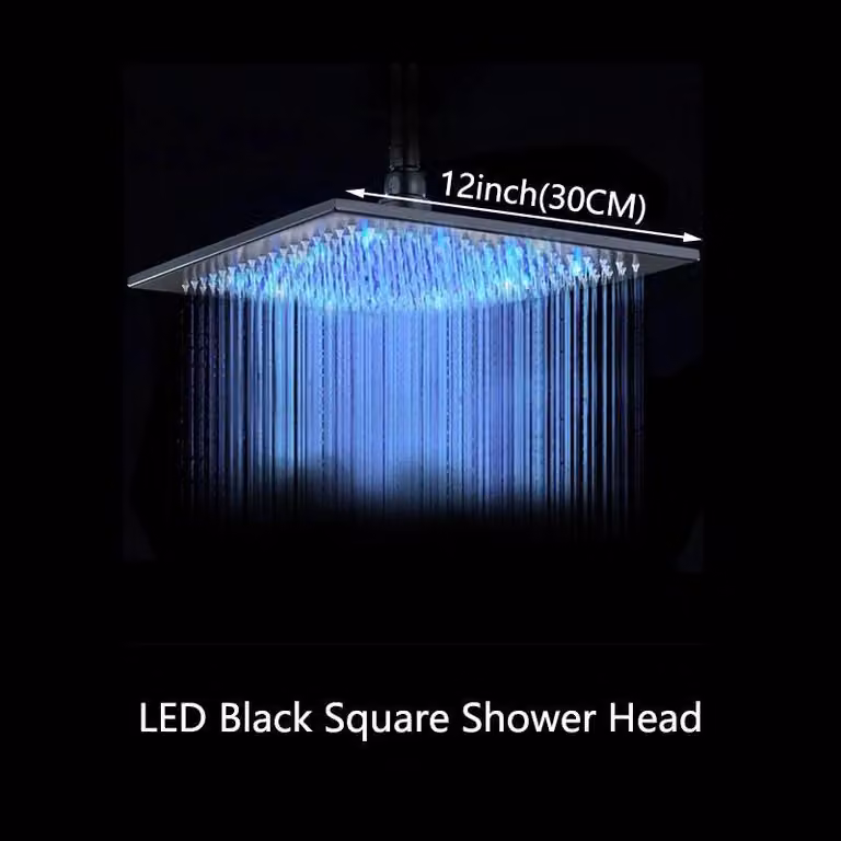 Testina doccia LED per doccia, quadrata, da montaggio a soffitto, 30 cm, in ottone, con cambio colore tramite luce alimentata dall'acqua - solo testina doccia - colore nero