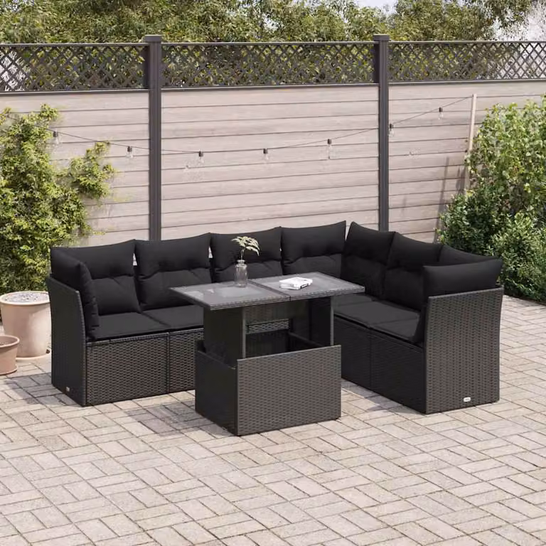 Set Divano da Giardino a L vidaXL con Cuscini e Tavolino Nero