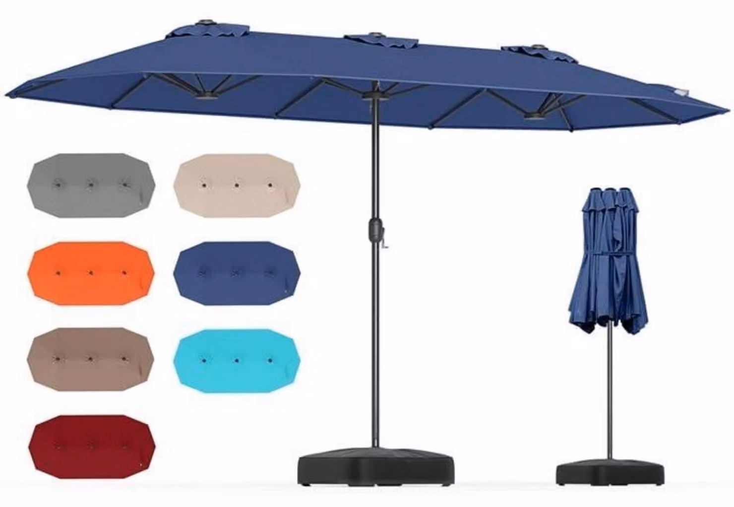 Ombrellone doppio con base, 400 x 200 cm, XXL. Ombrellone per terrazza con manovella, protezione UV 30+, colore blu