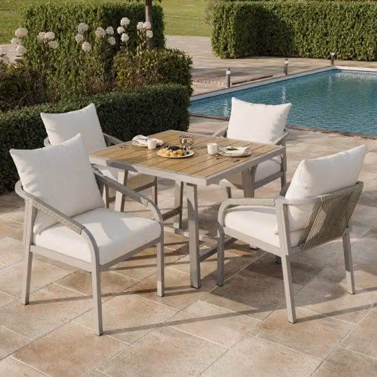 Set di mobili da giardino per 4 persone, composto da tavolo e 4 sedie, in acciaio zincato, tavolo in finto legno, design intrecciato, color cachi + beige
