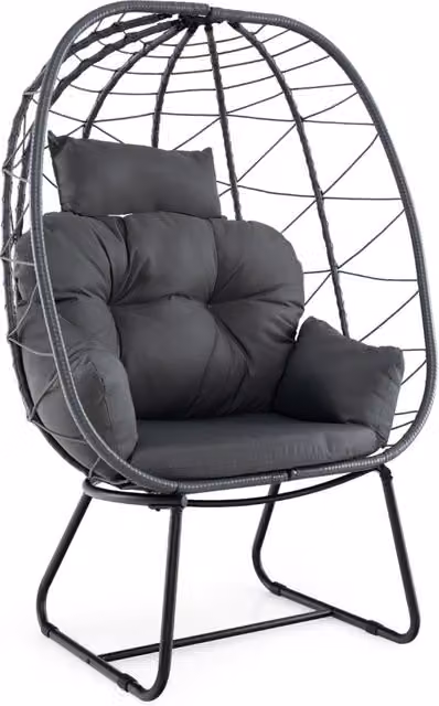 Poltrona in rattan per patio con cuscino rimovibile cuscino per testa e supporto metallico, Sedia sospesa a uovo Grigio scuro