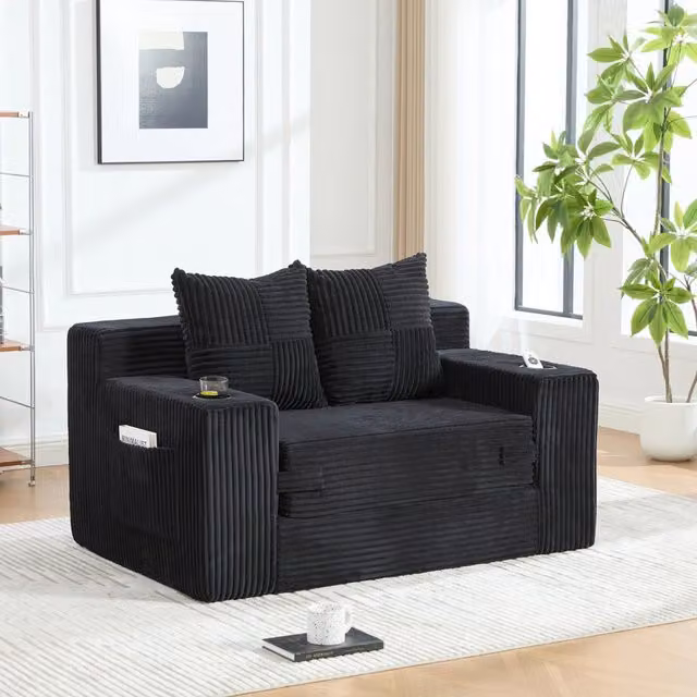 Divano pouf 151x133x64 cm con tasche laterali in velluto a coste nero