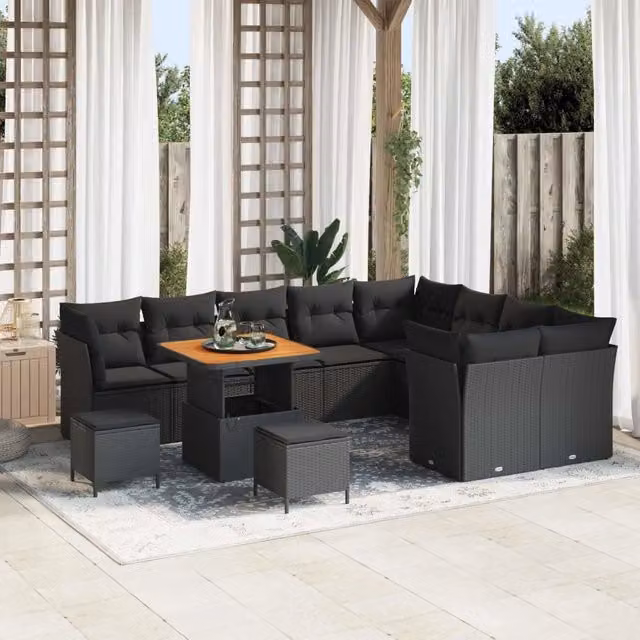 Set Divano da Giardino a Forma di U vidaXL Nero con Cuscini e Tavolino da Esterno in Polyrattan e Acciaio