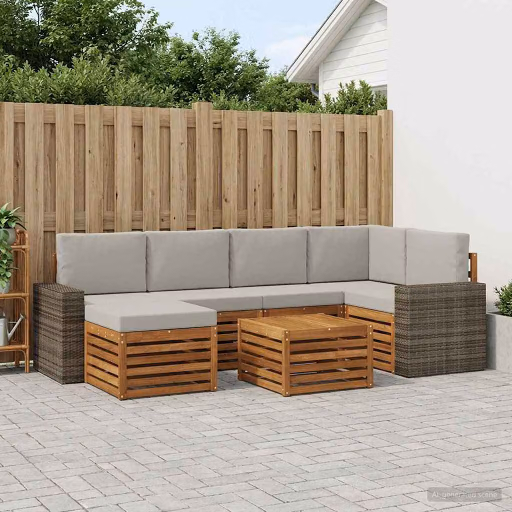 Set di divani da esterno vidaXL 7 pz in legno di acacia con angolare, pouf e tavolino, colore beige e grigio chiaro