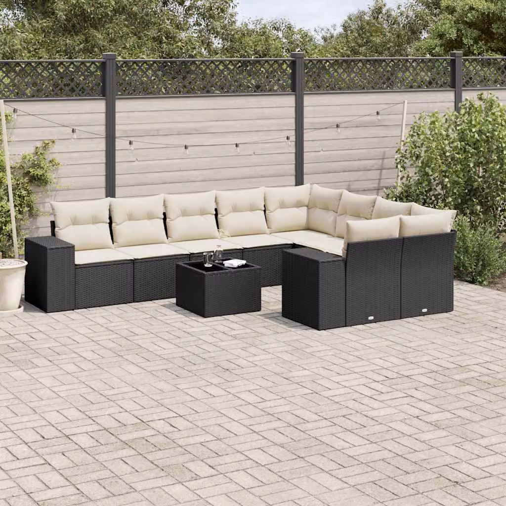 Set di Divani da Giardino vidaXL in Polyrattan Nero con Cuscini e Tavolino da Esterno a Forma di L – 1