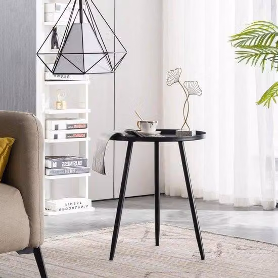 Moderno tavolino rotondo con base a tre gambe in tubi d'acciaio, diametro 405 cm x 50 cm, metallo nero.