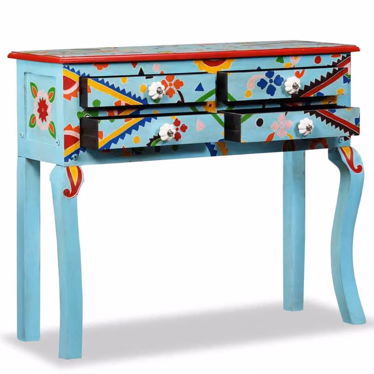 Consolle in Legno Massello di Mango Blu Dipinta a Mano
