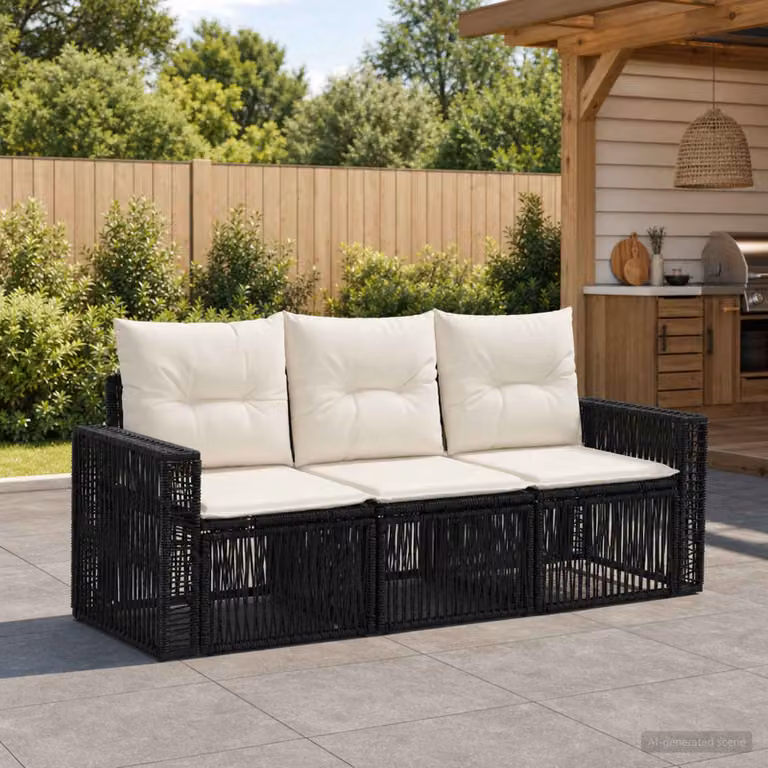 Set Divano da Giardino 3 pz vidaXL in Polyrattan Nero e Bianco Crema con Cuscini Imbottiti e Rivestimenti Rimovibili