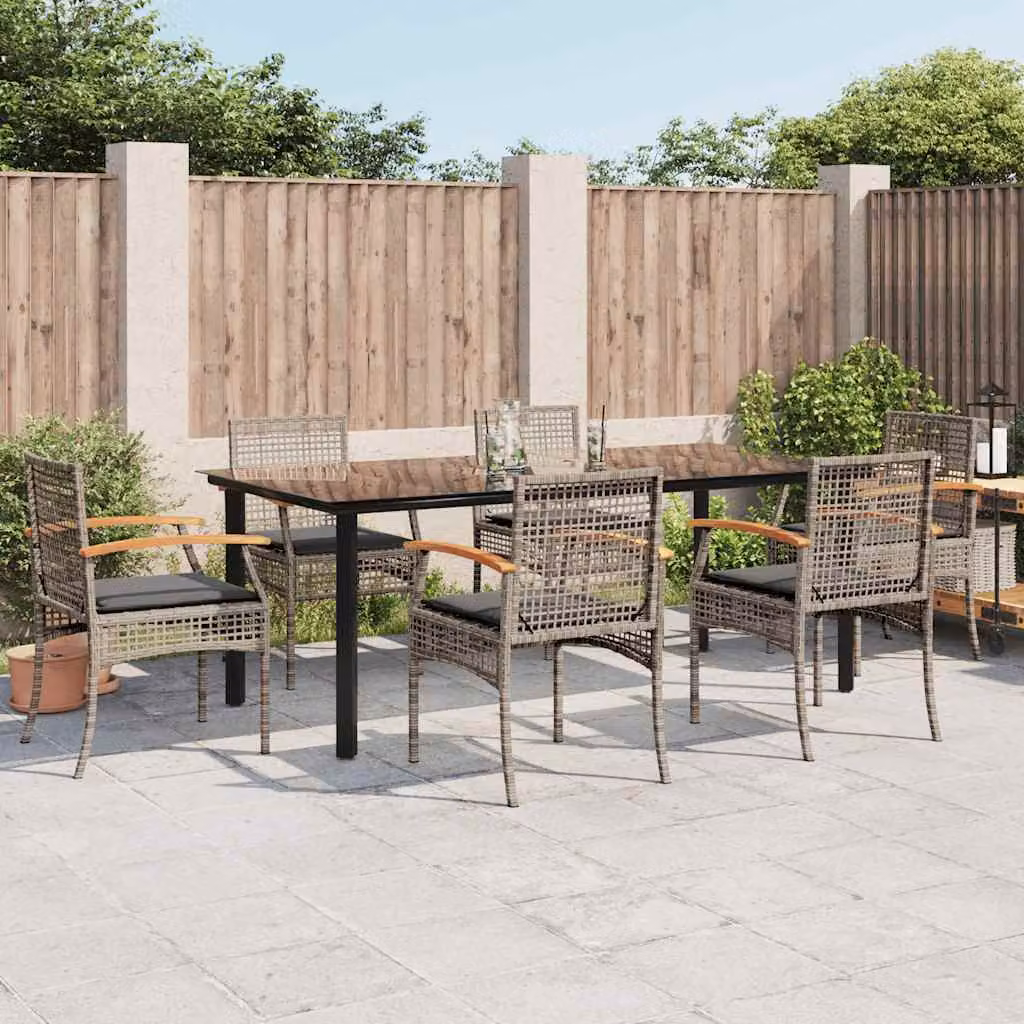 vidaXL Set da Pranzo da Giardino 7 pz in Polyrattan e Legno di Acacia con Cuscini Grigio e Nero – 1
