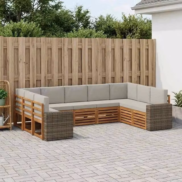 Set di divani da esterno a L vidaXL in legno di acacia con cuscini beige e grigio – 1