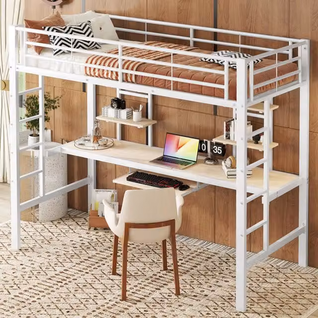 Letto a soppalco WISHDOR in metallo e MDF con scrivania e librerie, bianco, L/P/H: 200 x 90 x 180 cm – 1