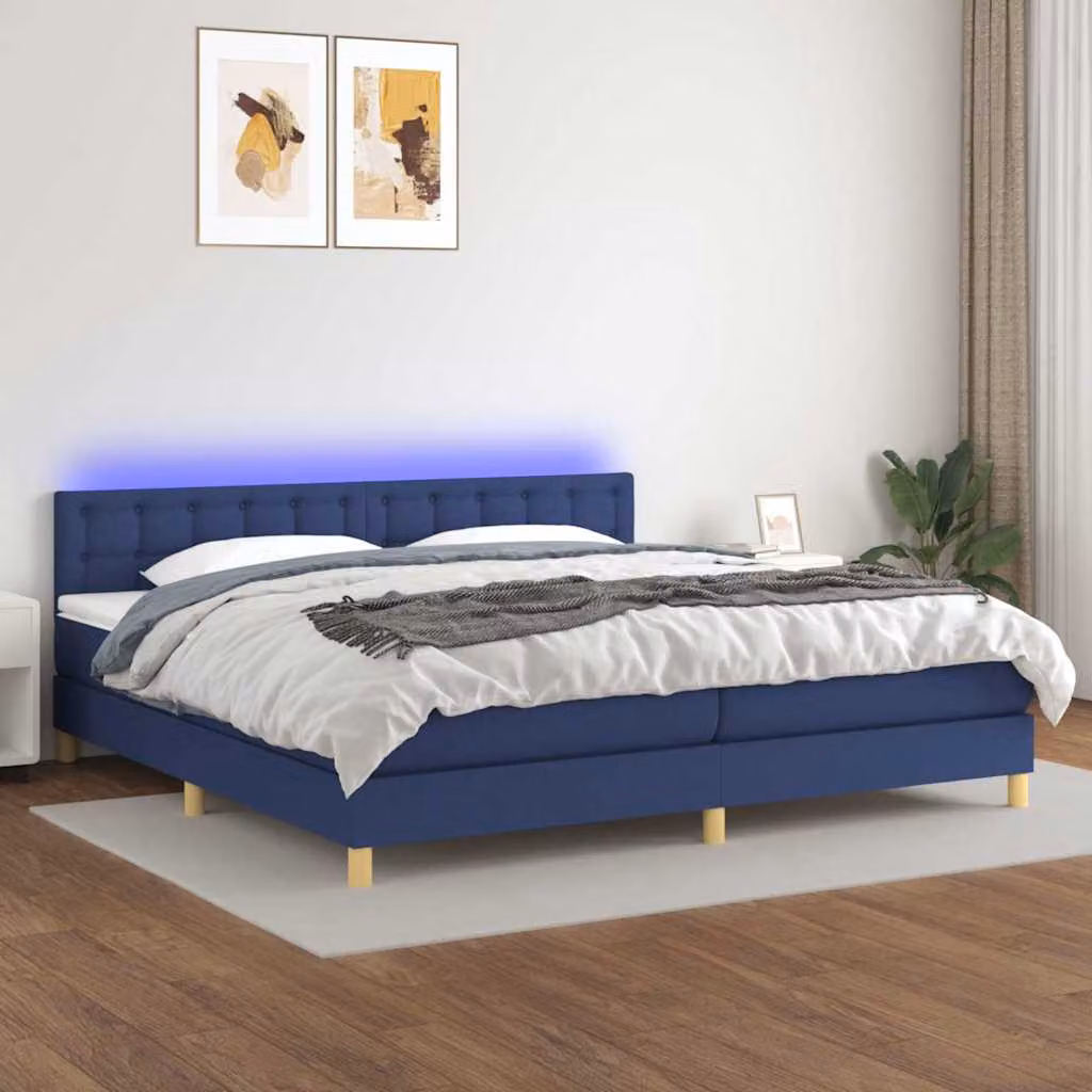 Letto a molle con materasso vidaXL in tessuto blu e bianco con illuminazione LED sottostante e porta USB, L/P/H: 200 x 200 x 88 cm – 1