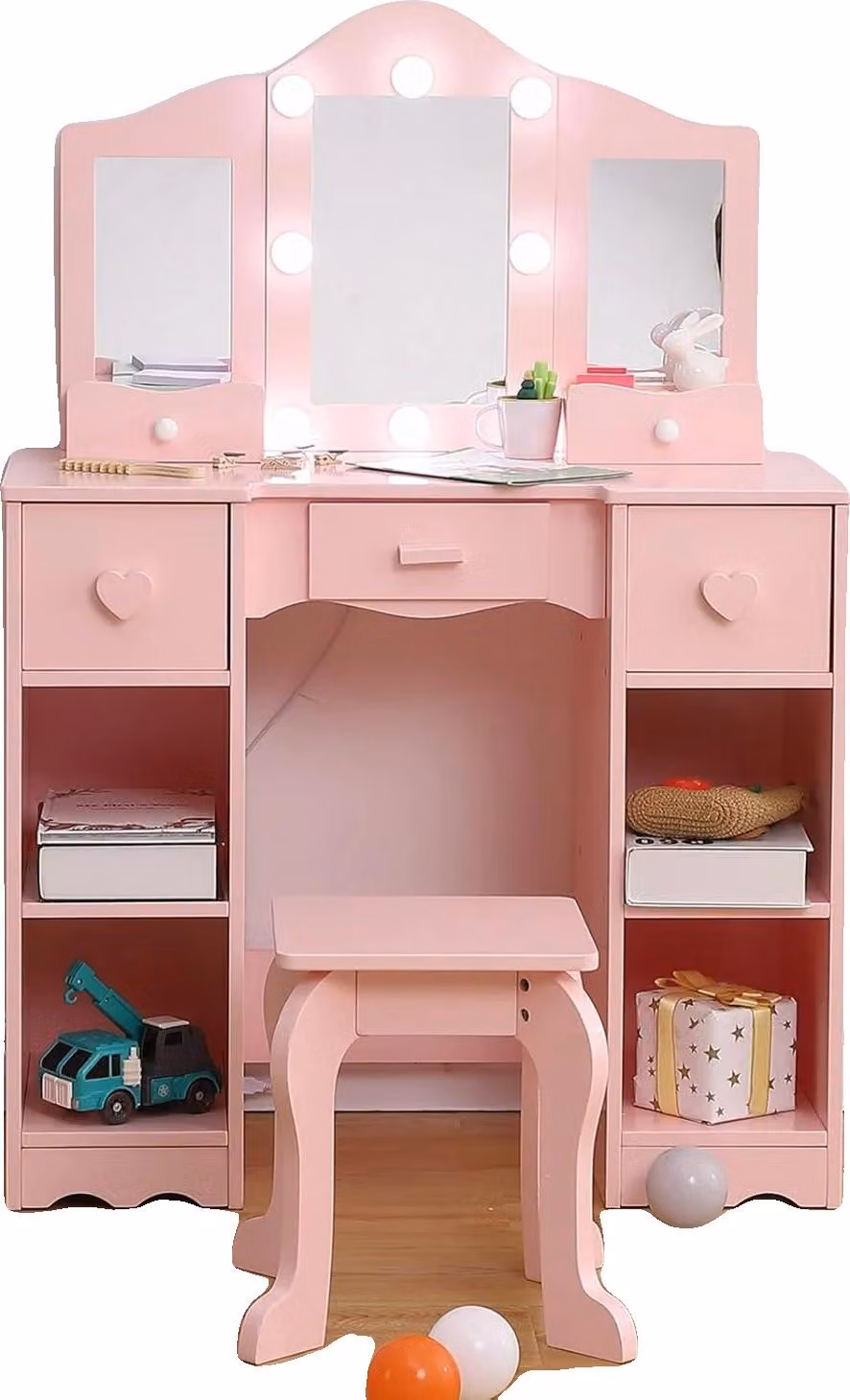 Tavolo da trucco per bambini, specchio rimovibile, ampio spazio contenitivo, rosa