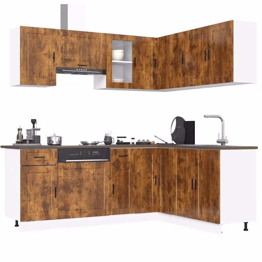Set di mobili da cucina moderno vidaXL composto da 11 pezzi in colore marrone con finitura opaca e dettagli in legno e vetro