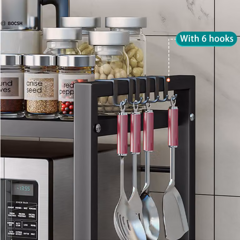 Ripiano estraibile per microonde, da 40 a 64 cm, con 3 livelli, 5 ganci, per la cucina, colore nero