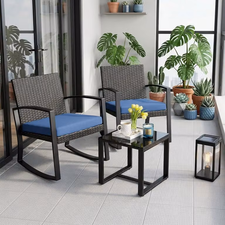 Set di sedute in poly rattan Bealife 3 pezzi, set di mobili da giardino 2 persone, set di mobili da giardino, set di sedute per balcone con cuscini blu (1 tavolo + 2 sedie)