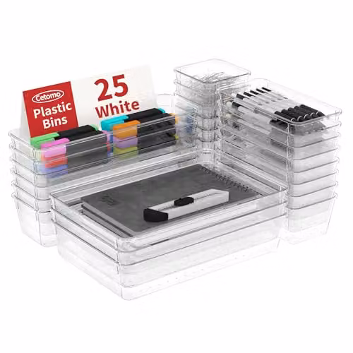 Cetomo 25 Pezzi Organizer per Cassetti in Plastica, Divisori Modulari Antiscivolo in Plastica per Cosmetici, Trucchi e Accessori, Trasparente, 4 dimensioni, 25 Pezzi