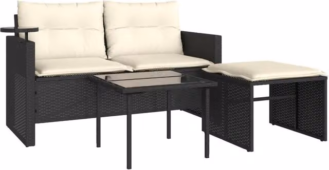 Set Salotto da Giardino Moderno in Polyrattan Nero con Cuscini Bianchi e Tavolino in Vetro