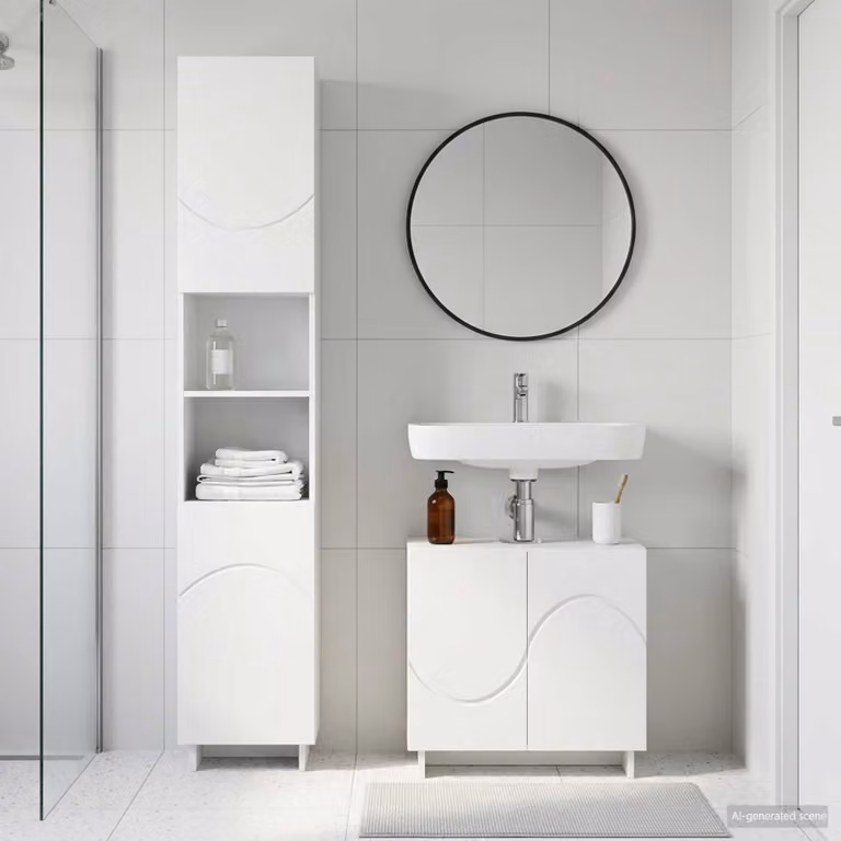 Set mobili da bagno moderni vidaXL in 2 pezzi bianco lucido in legno MDF composto da mobile sottolavabo e colonna alta