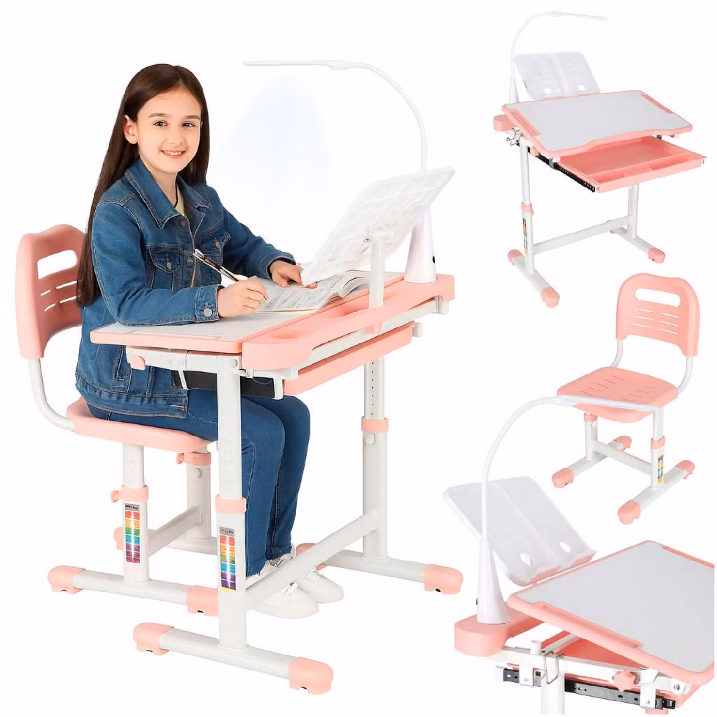 Scrivania regolabile per bambini, sedia, lampada LED USB, colore rosa