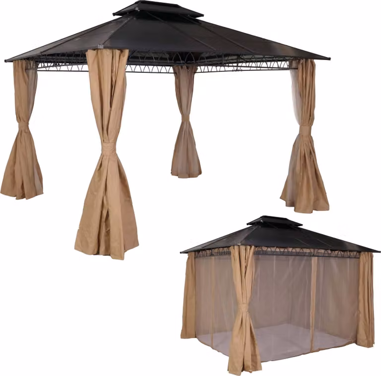 Pergola rigida HWC-M81, padiglione, struttura in alluminio 7cm con parete laterale e zanzariera 3,6x3m ~ crema