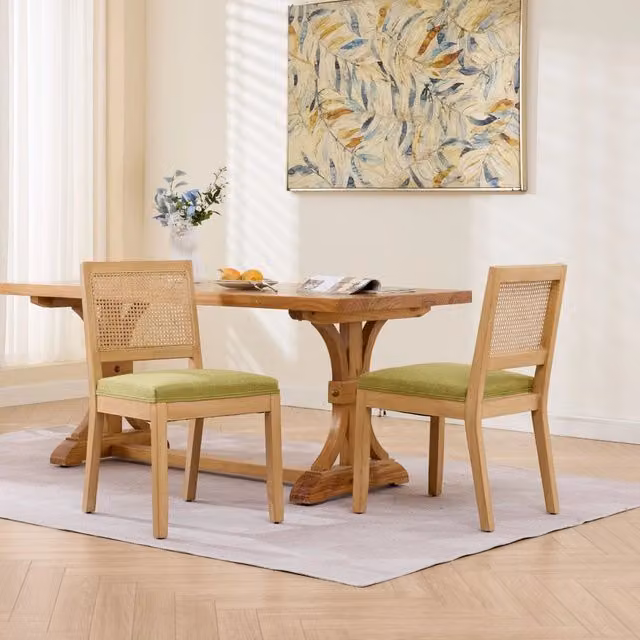 Set di 2 sedie da pranzo OKWISH in stile mid-century con schienale in rattan, rivestimento in lino verde oliva e struttura in legno massello con cuscino a molle a S